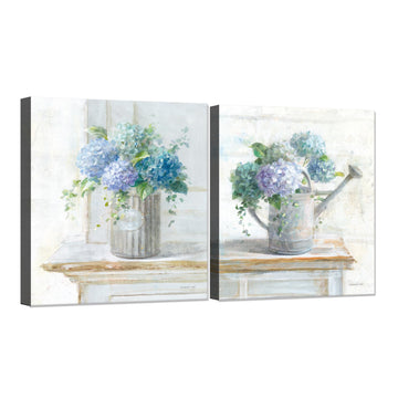 Blue Hydrangea Bathroom Wall Art 2 pcs Farmhouse Rustic Flower Art Botanical Floral Posters Paintings Framed Artwork