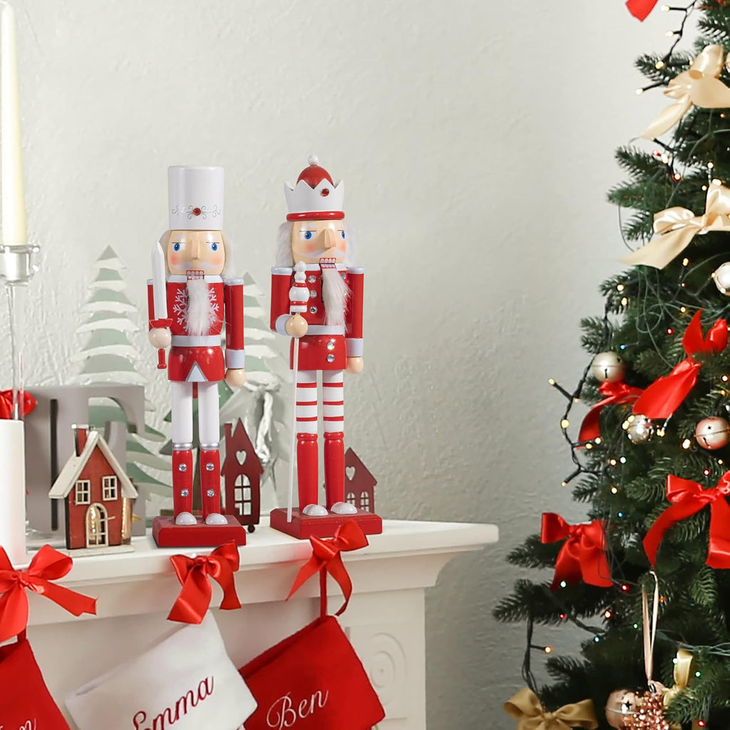 Red and White Christmas Nutcracker 15-Inch Set of 4 Wooden King and Soldier Nutcracker Figurine Display Set