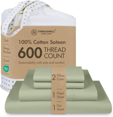 100% Cotton Sheets for Bed - 600 Thread Count Bed Sheets Set with 16" Deep Pocket - Sateen Weave 4-Piece
