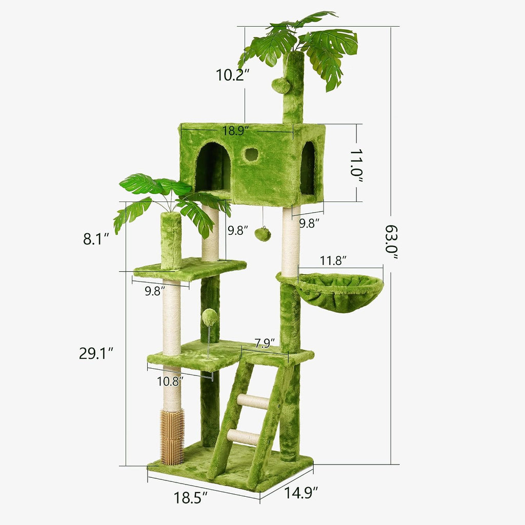 65in Tall Cat Tree with Leaves for Indoor Cats, Green Cat Tower with Scratching Post, Hanging Hammock, Cozy Perch, Swing