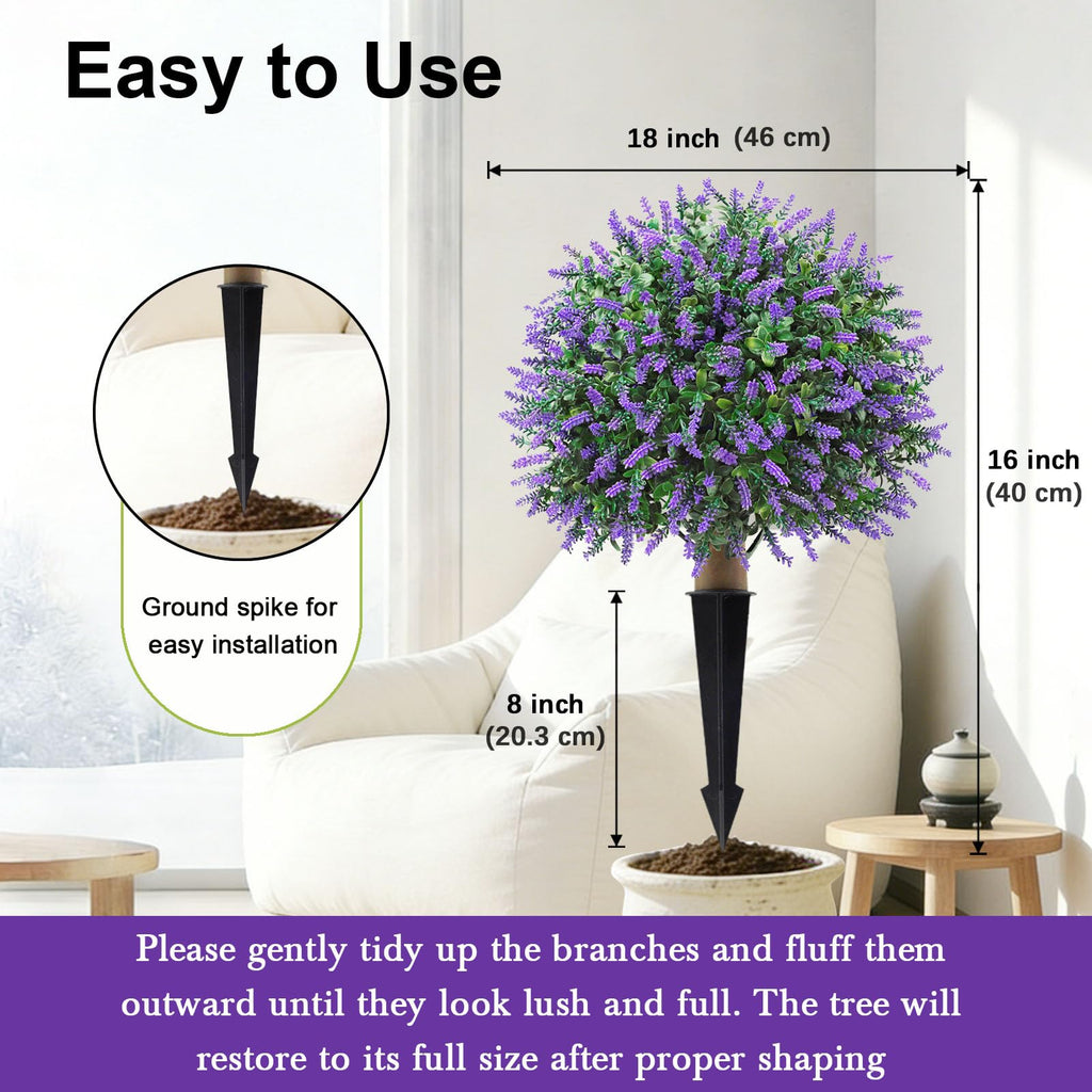 Artificial Lavender Topiary Ball Trees Outdoor, 2 Pack UV Resistant 24" Fake Plants with Grund Spike, Faux Shrubs