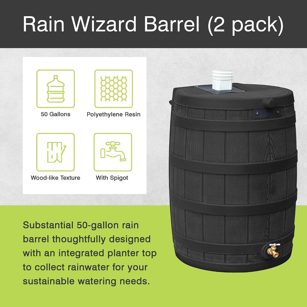 Rain Wizard Water Collection Barrel, 50 Gallon, Black, 2 Pack | Faux Wood Design - Plastic Outdoor Home Rain Barrel