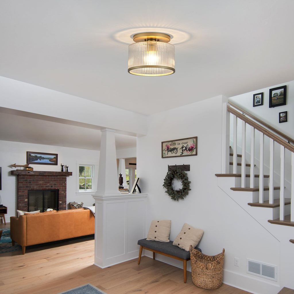 Glass Ceiling Light, Clear Ribbed Glass Ceiling Light Fixture with Gold Metal Frame, Modern Semi Flush Mount Ceiling