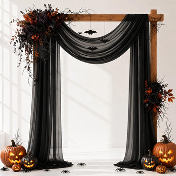 Black Wedding Arch Draping Fabric Sheer Curtain Drapes 31" x 20 ft | Halloween Extra Long Shimmery Backdrop Curtains