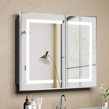 Led Medicine Cabinet with Mirror, Bathroom Vanity Mirror Cabinet with Shelves, 3-Color Lights Dimmer (Silver, 30" H x
