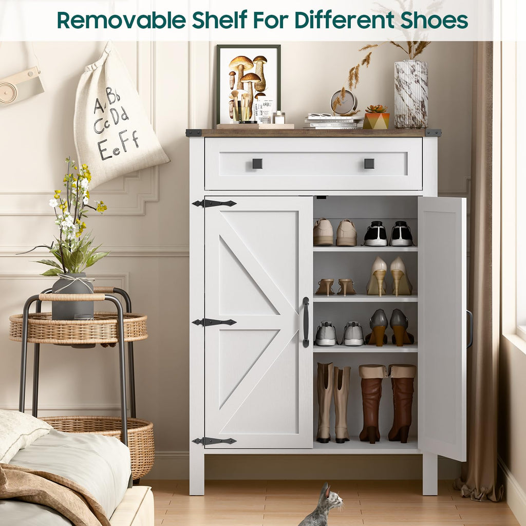 Shoe Storage Cabinet, 5-Tier Farmhouse Shoe Cabinet with Adjustable Shelves & Drawer, Wooden Shoes Rack Cabinets