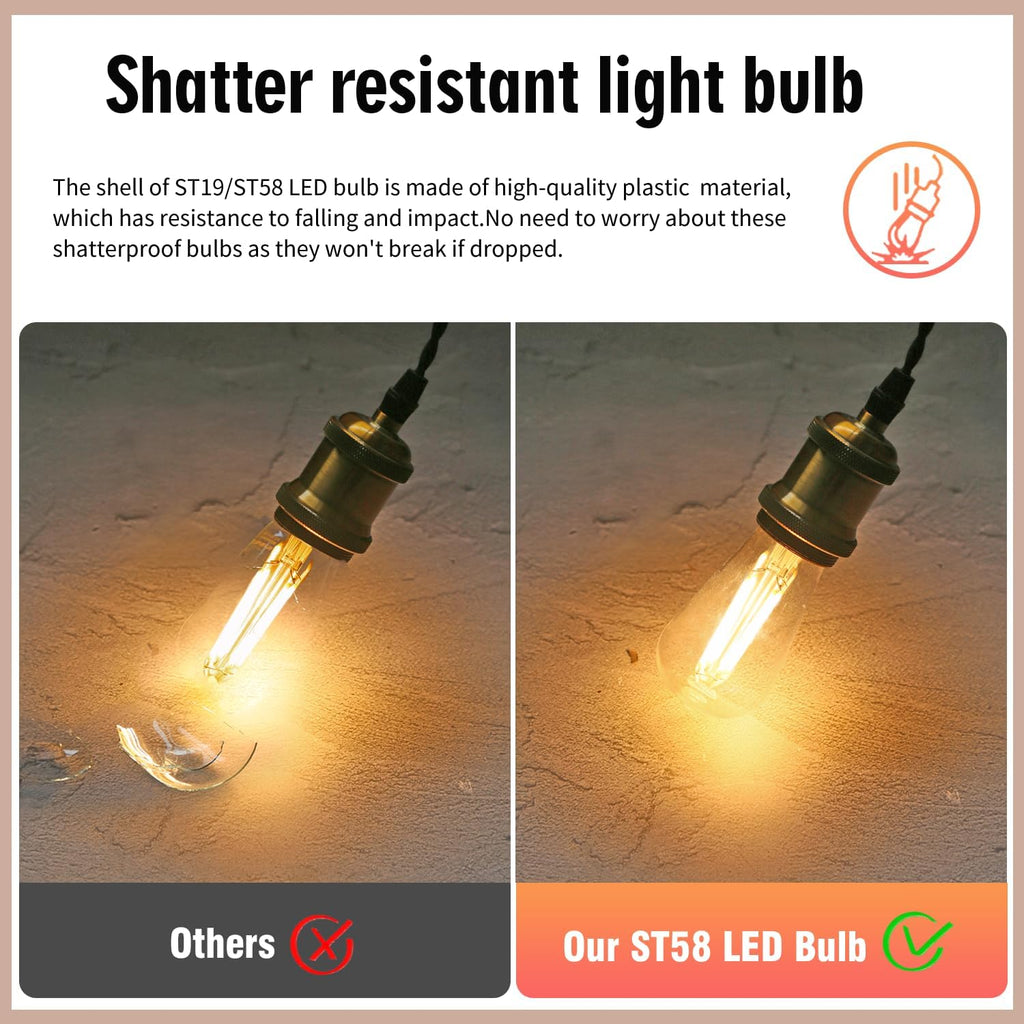 10 - Pack Shatter Resistant LED Edison Light Bulbs 60W Equivalent, Dimmable ST58 Vintage Light Bulbs, E26 Medium Base