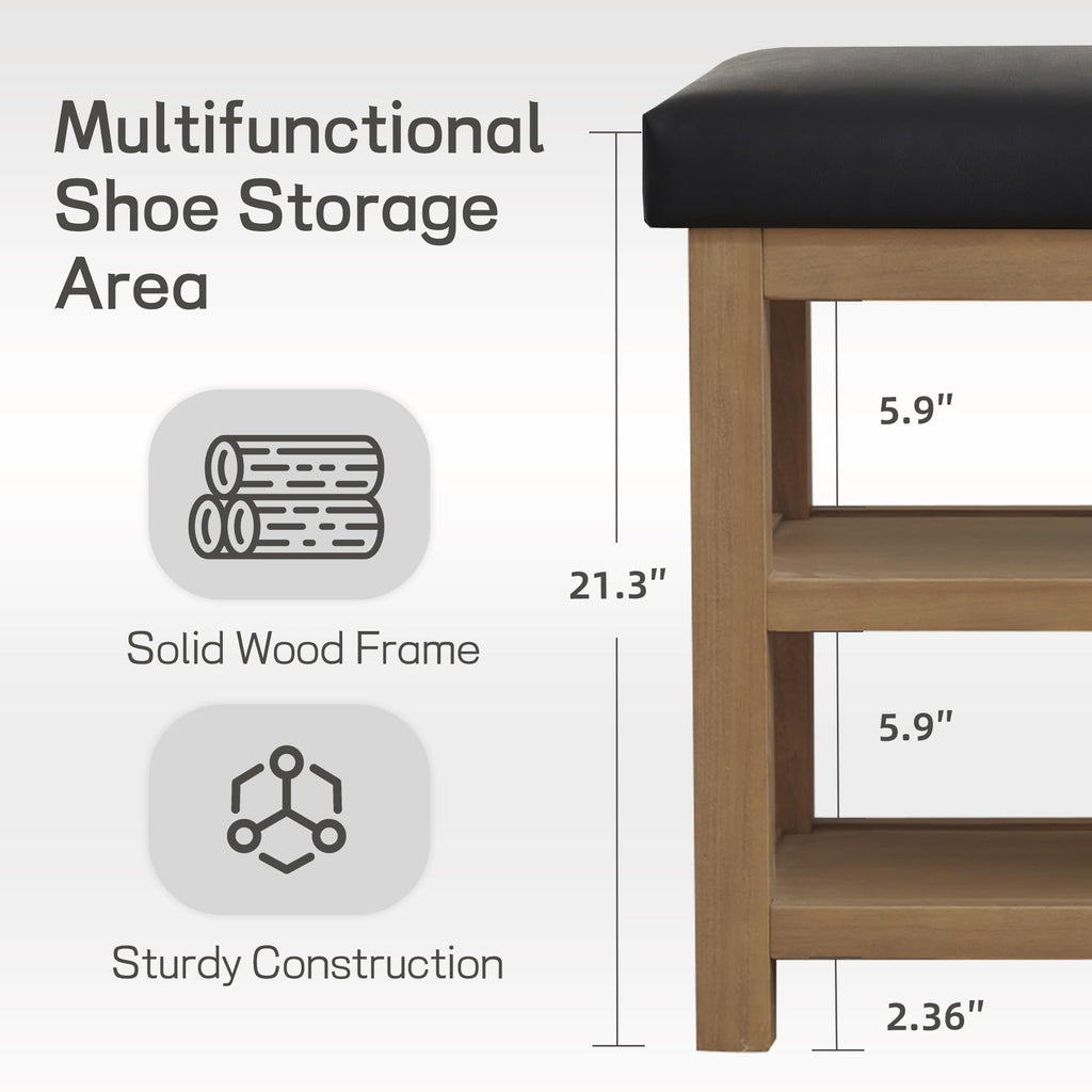 Shoe Rack Bench with Leather Cushion, 2 Tier Solid Wood Storage Bench, Mid-Century Modern Shoe Bench, Closet, Front