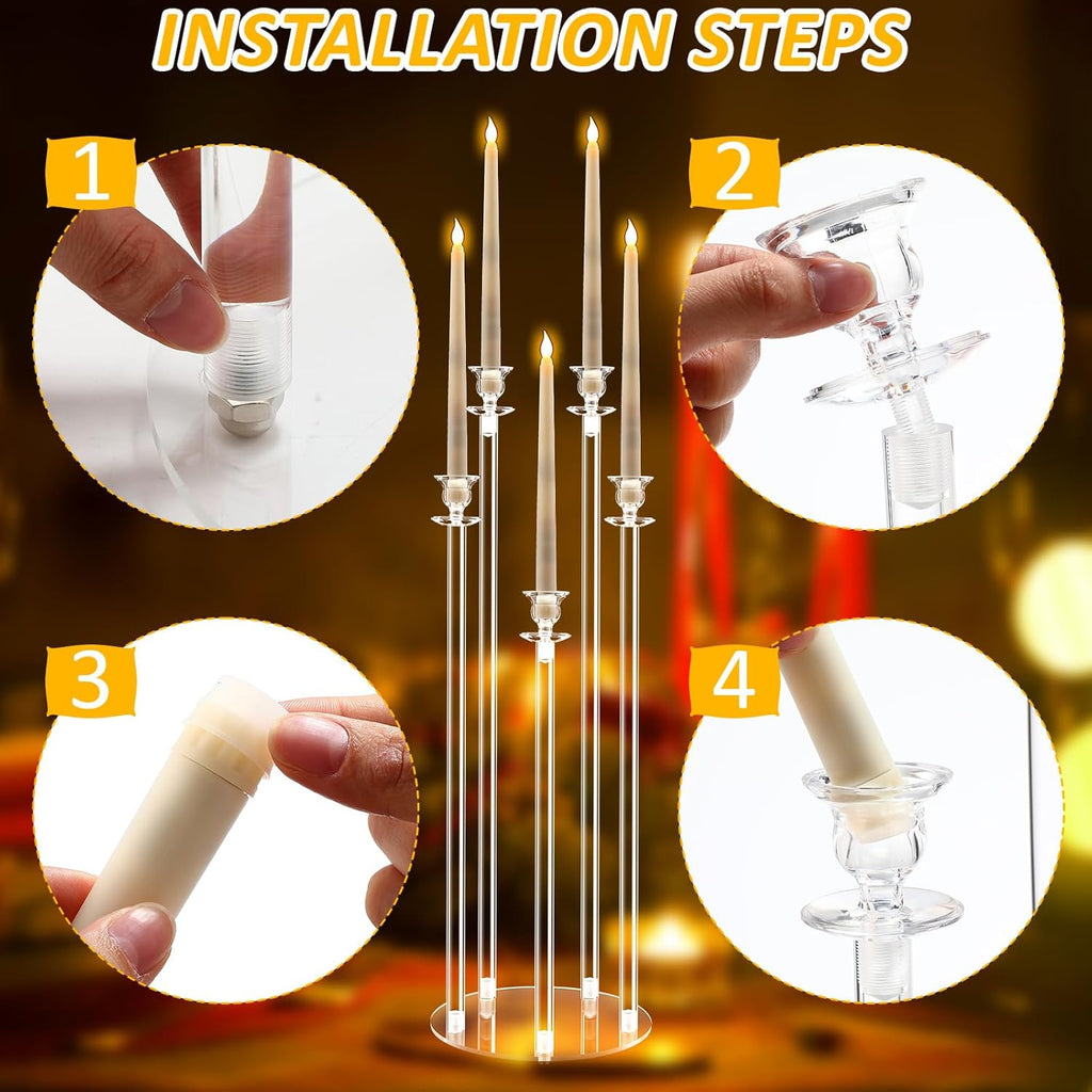 4 Set 5 Arms Acrylic Candelabra Centerpieces, Clear Candlesticks Holders with 20 LED Candles 2 Remote Timer 22 Rubber