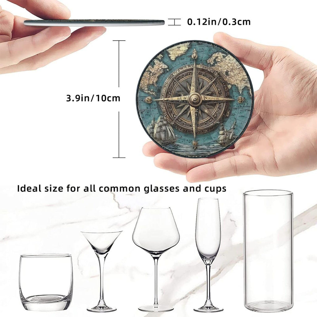 Nautical Compass Coasters for Drinks with Holder Round Leather Coasters Set of 6 Cups Mugs Mat Pad Kitchen Bar