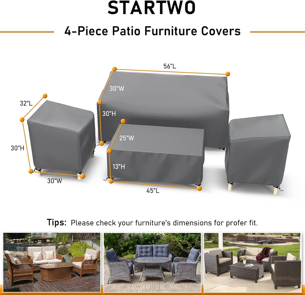 Patio Furniture Covers | Outdoor Furniture Cover Waterproof 4 Piece Set for Chairs, Couch, Coffee Table , Grey
