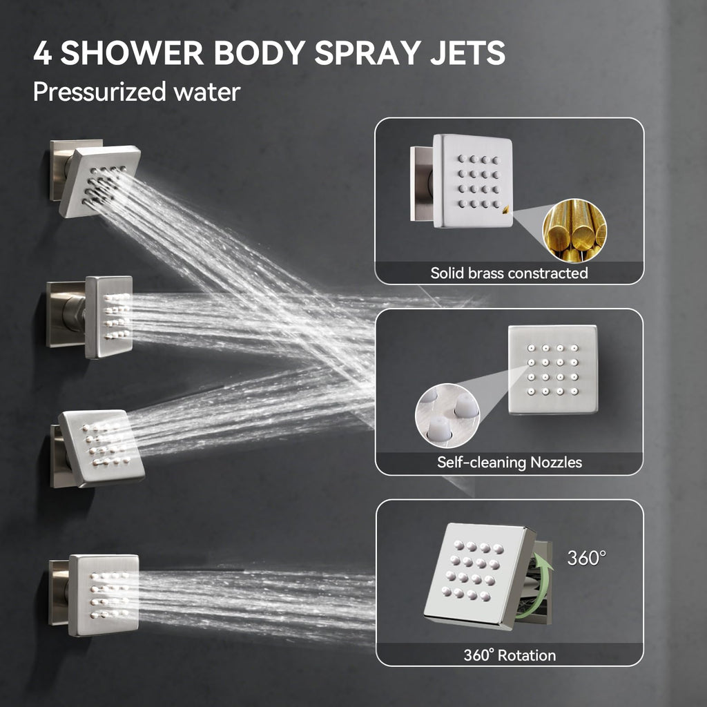 Brushed Nickel Shower System with Jets, 4 Way Shower Faucet Set with 2 in1 Handheld,Ceiling Mount 12"+6" Rain Shower