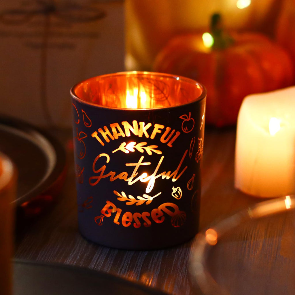 Glass Votive Candle Holders 4PCS Thanksgiving Tealight Candle Holders for Fall Table Centerpiece, Thanksgiving