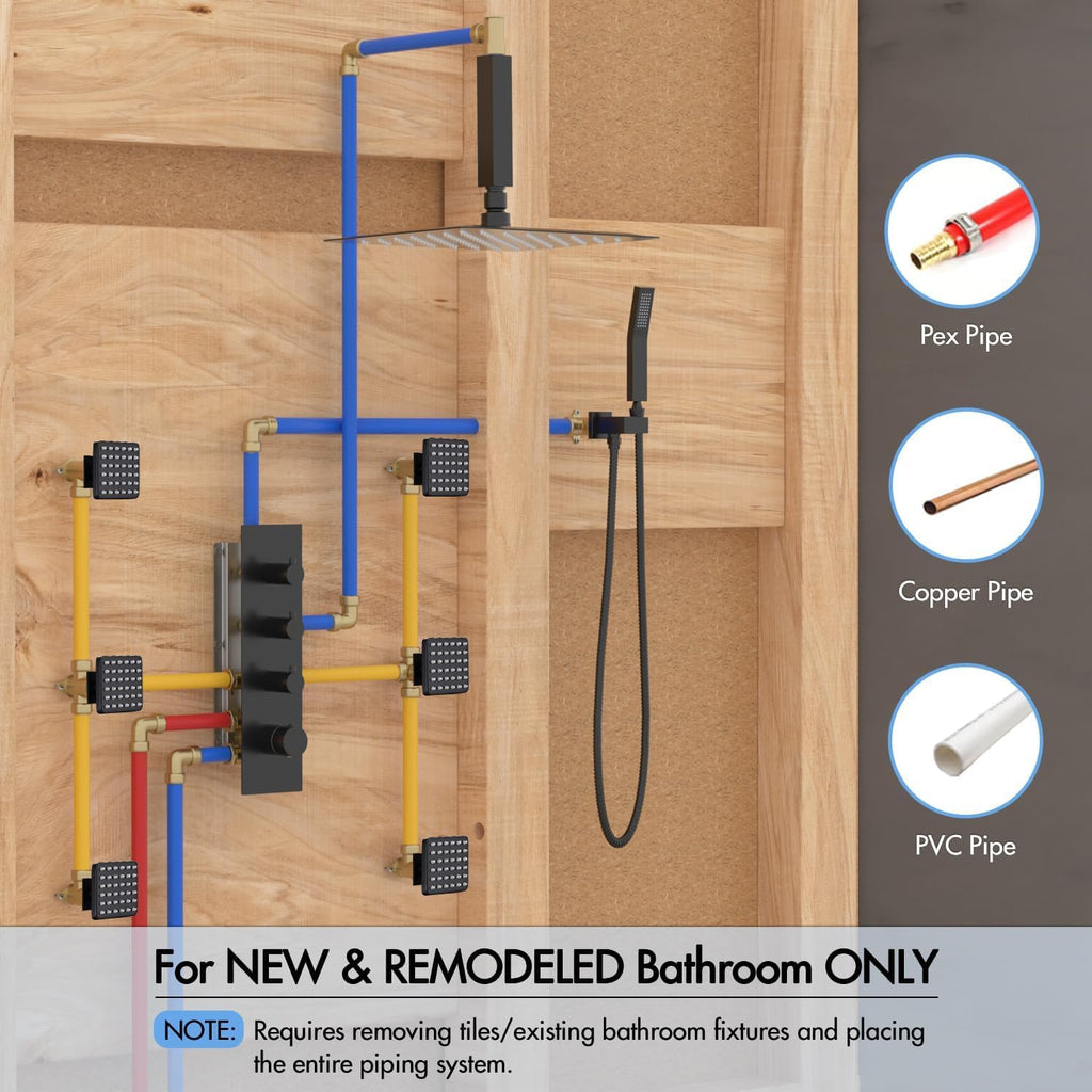 Shower System with Body Jets, 16 inch Ceiling Rainfall Showe Jets System with Handheld Multiple Shower Head