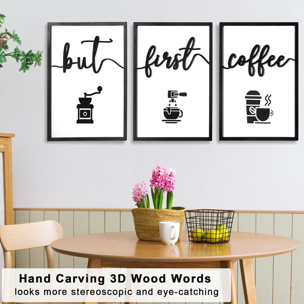 3D Wood But First Coffee Sign, Framed Coffee Bar Wall Decor Wall Art Kitchen Home Office (Ready to Hang, 24x16