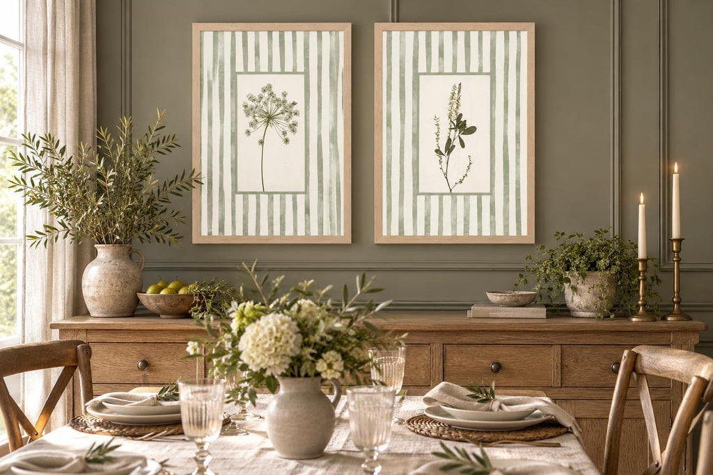 Sage Green Botanical Wall Art Set of 2 Framed, Vintage Herb Floral Canvas Prints, Cottagecore French Country Decor