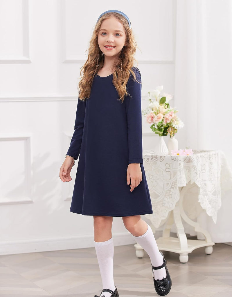 Girls Dress Kids Long Sleeve Solid Color Casual T-Shirt Dress