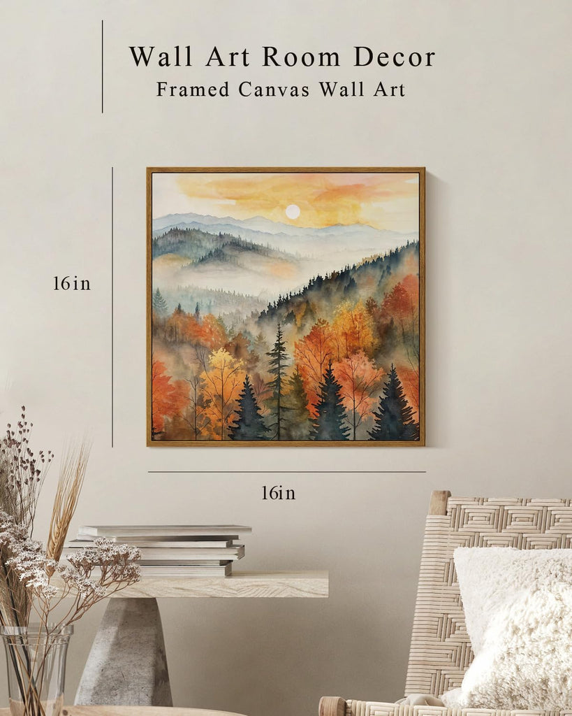 Square Framed Canvas Wall Art, Farmhouse Nature Scenery Quiet Forest Awakening Wall Art Prints, Autumn Fall Classical