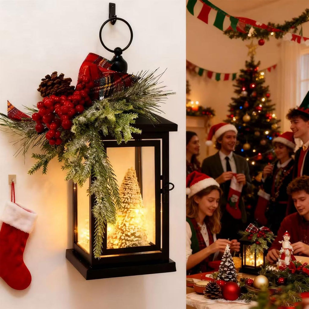 2Packs 14" Lighted Christmas Lanterns, Hanging Christmas Lantern Decorative with Snow-Covered Tree, Bow & Pine Cone