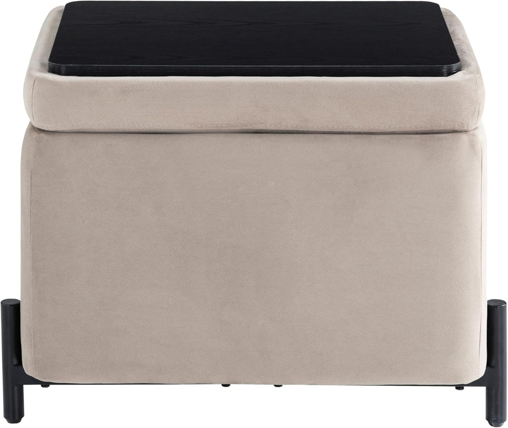 Connor 24" Small Storage Ottoman, Modern Boho, Matte Black Metal Legs, Velvet Fabric, Taupe