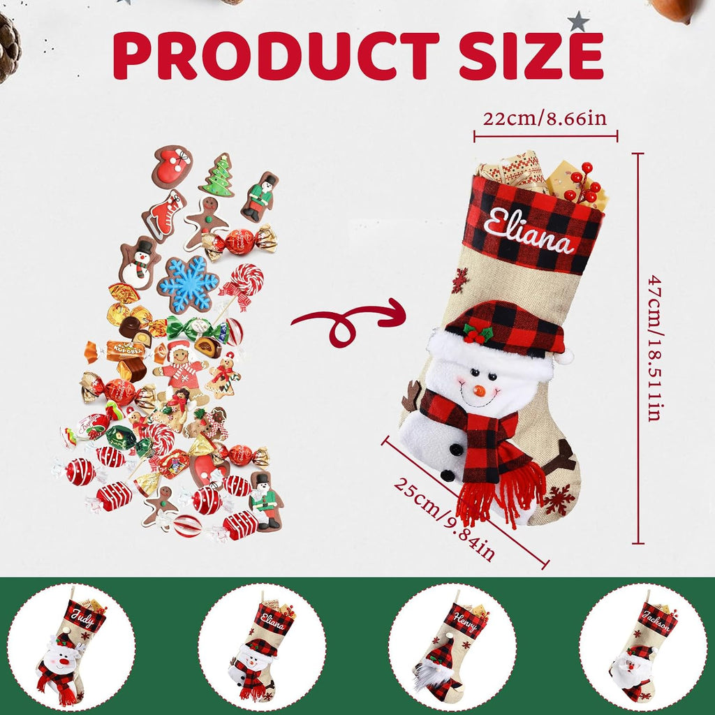 18.5'' Embroidery Christmas Stockings with Names, Burlap Plaid Stockings Xmas Decor Gifts for Family Kids Holiday