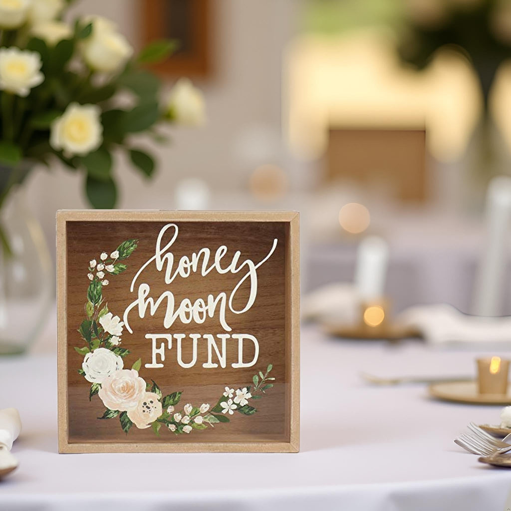 Roberts Honey Moon Fund box, Rustic Wood Card Box with Mixed Floral Garland Design for Weddings, Birthdays
