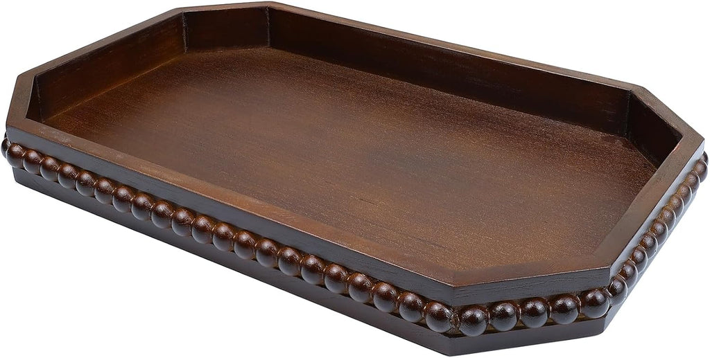 Retro Brown Wood Serving Tray with Beads, Farmhouse Decorative Tray for Table Centerpiece, Christmas Wedding