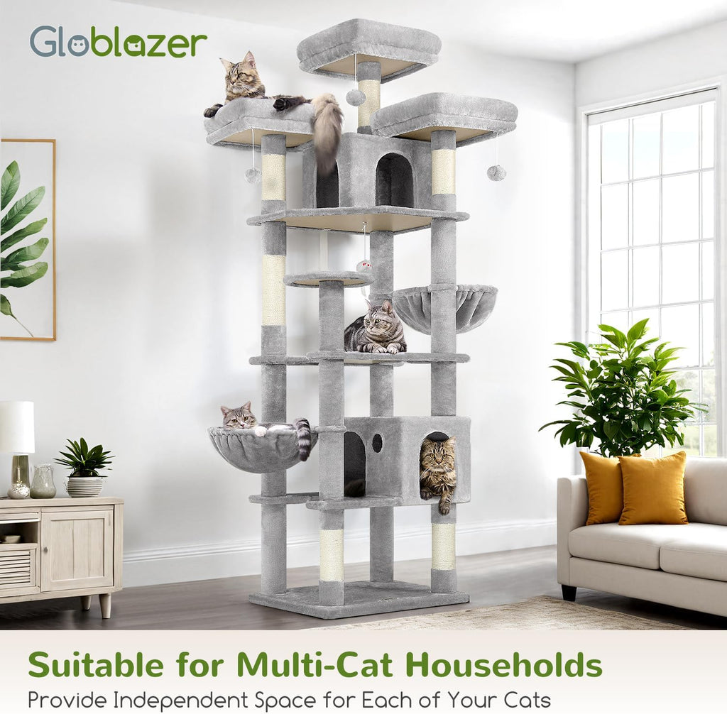 Cat Tree Tower for Multiple Adult Cats, 82in, Light Grey