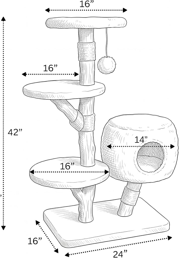 Modern Cat Tree Tower with Cave, Real Wood Cat Scratching Post with Bed for Indoor Cats Large Adult, Solid Wooden