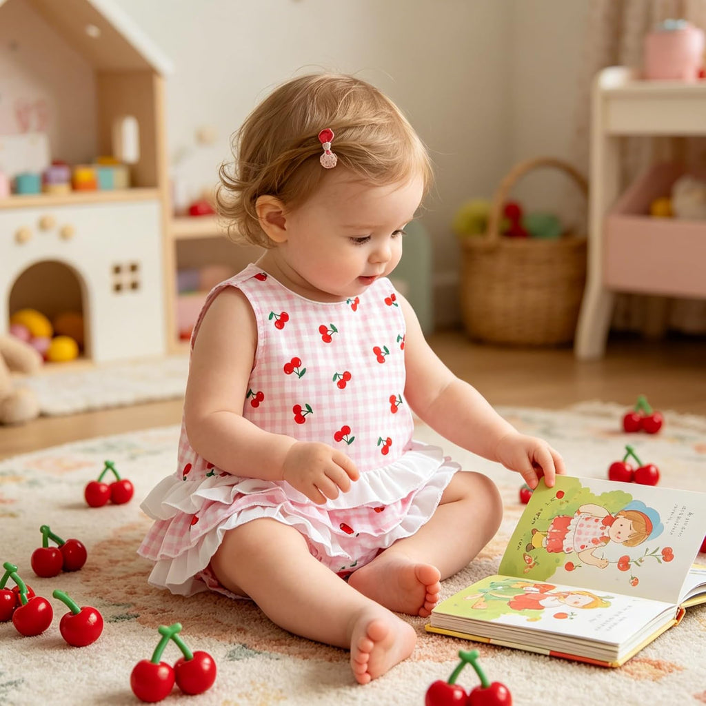 Toddler Baby Girl 2Pcs Summer Clothes Cherry plaid Sleeveless Top & Ruffle Bloomer Skirt Set
