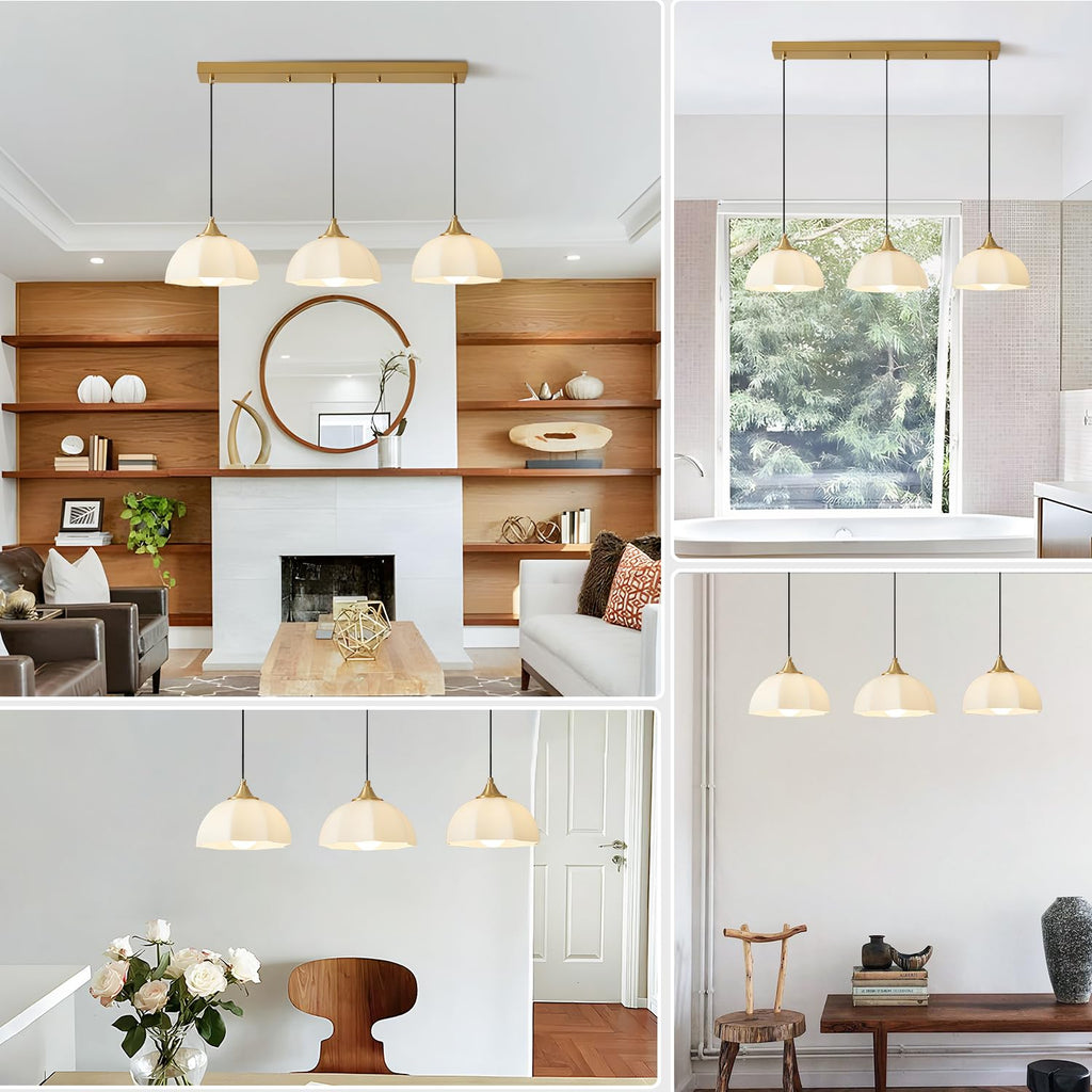 Modern 3 Light Pendant Lighting Gold Linear Dining Room Light Fixture Milk Glass Linear Chandelier Brass and White