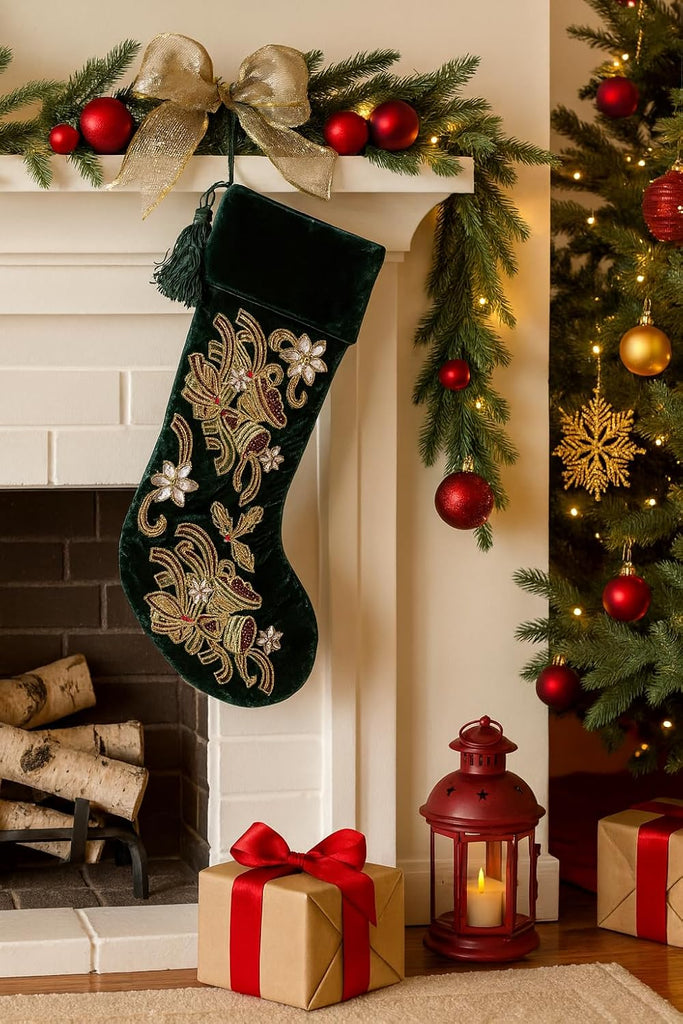 Christmas Stocking for Fireplace Mantel, Green Velvet Embroidered Holiday Stocking with Bird & Floral Design, Elegant