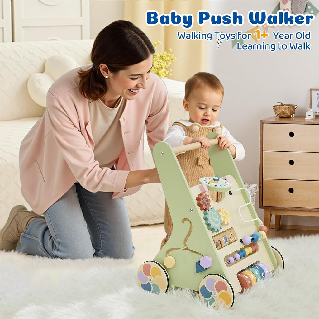 Wooden Baby Walker with Adjustable Wheels, in-1 Montessori Push Walker