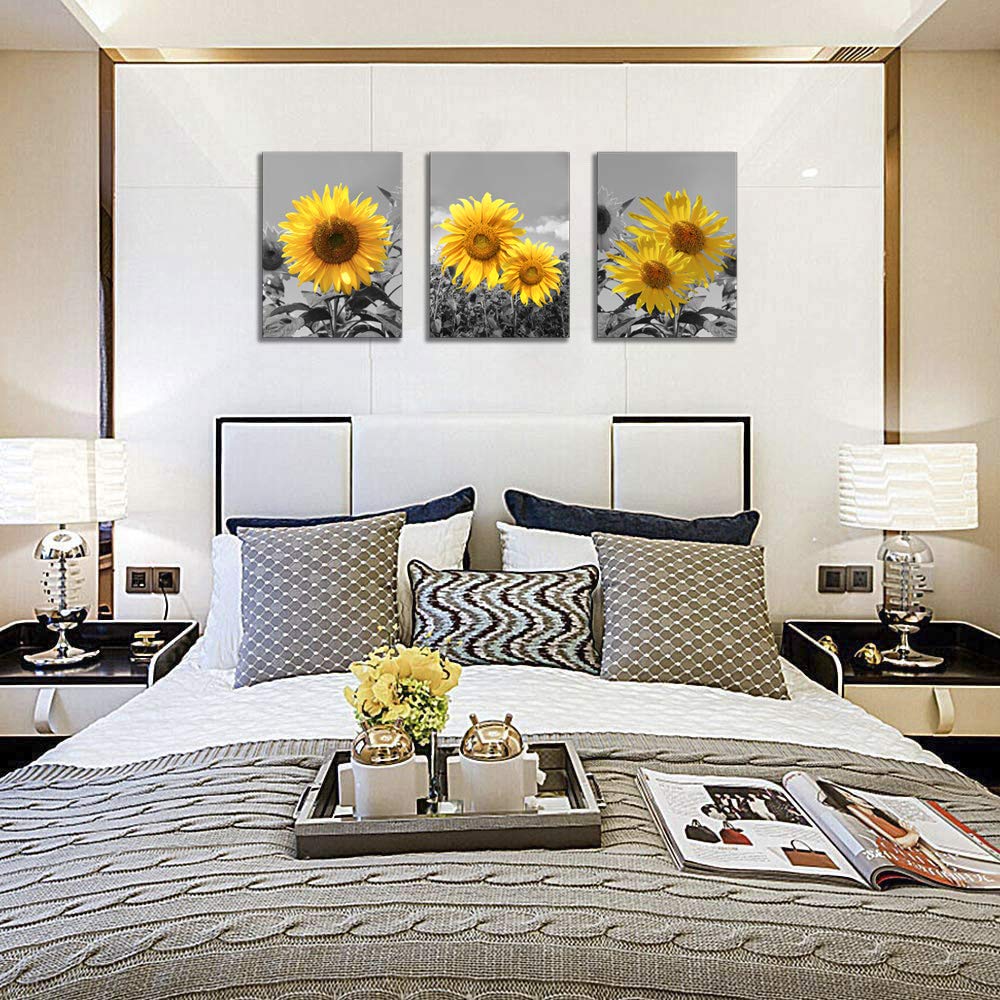 Sunflower Wall Art Black White Flowers Wall Decor Yellow Floral Canvas Prints Painting Wood Frame with Hook