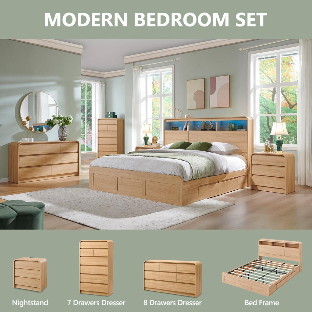Modern 8 Drawers Dresser , 55" Wide Dressers & Chest of Drawers w/Curved Profile Design, Wood Mid Century Storage