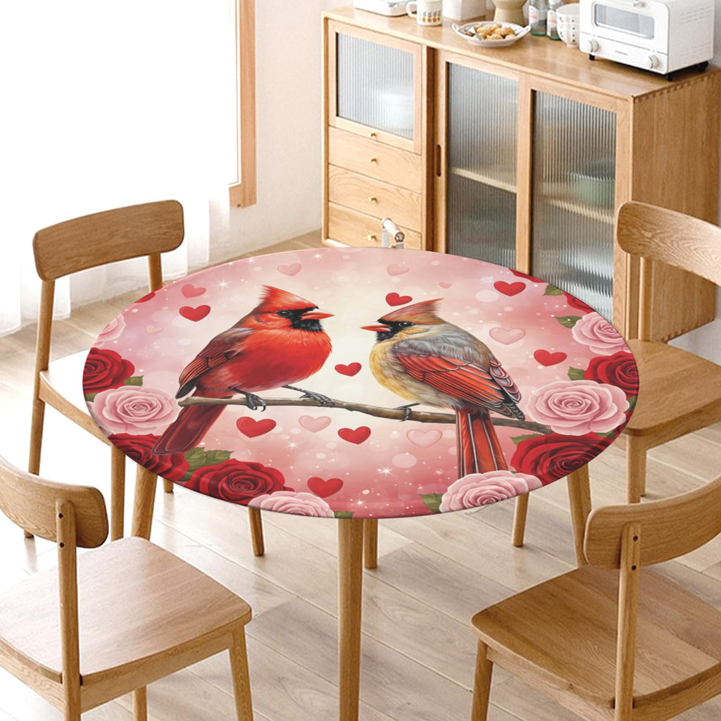 Valentines Day Round Fitted Tablecloth with Elastic Cardinal Bird Heart Circle Table Cloth for 48-52" Tables Wipeable