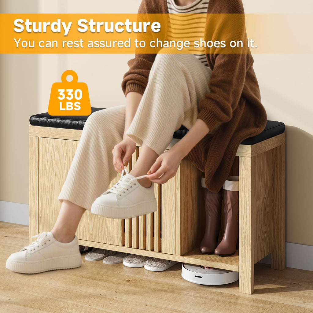 40" Shoe Storage Bench with Flip Drawers & Padded Seat Cushion