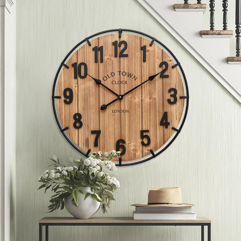 24 Inch Farmhouse Wall Clock Large Old Town Vintage Rustic Wooden Clock with Metal Rim and Large Numerals