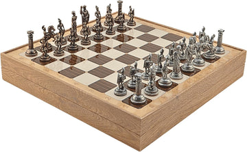Metal Chess Set for Adults Historical Rome Antique Copper Figures,Handmade Pieces and Different Design Wooden Chess