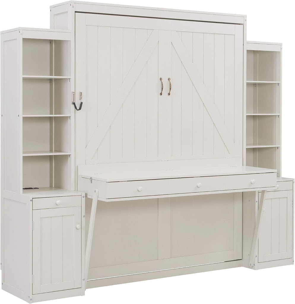 Queen Murphy Bed with Desk & Storage, Wood Wall Bed for Apartments Bedroom Home Office Studio (White#B, Queen)