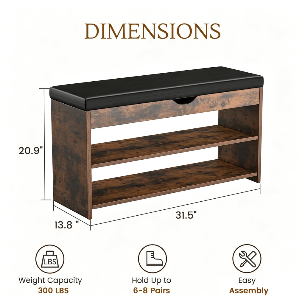 Shoe Rack Shoe Bench with Cushion Solid Wood Shoe Benches with 2 Shelves Shoe Organizer Bedroom Living Room Vintage
