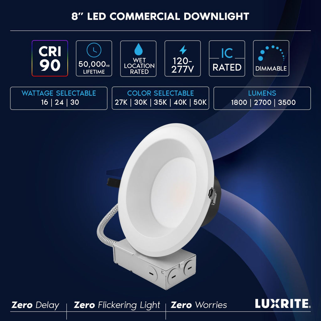 8" Inch Commercial LED Recessed Light with J-Box, 5 Color Options 2700K - 5000K, 3 Wattages 16/24/30W