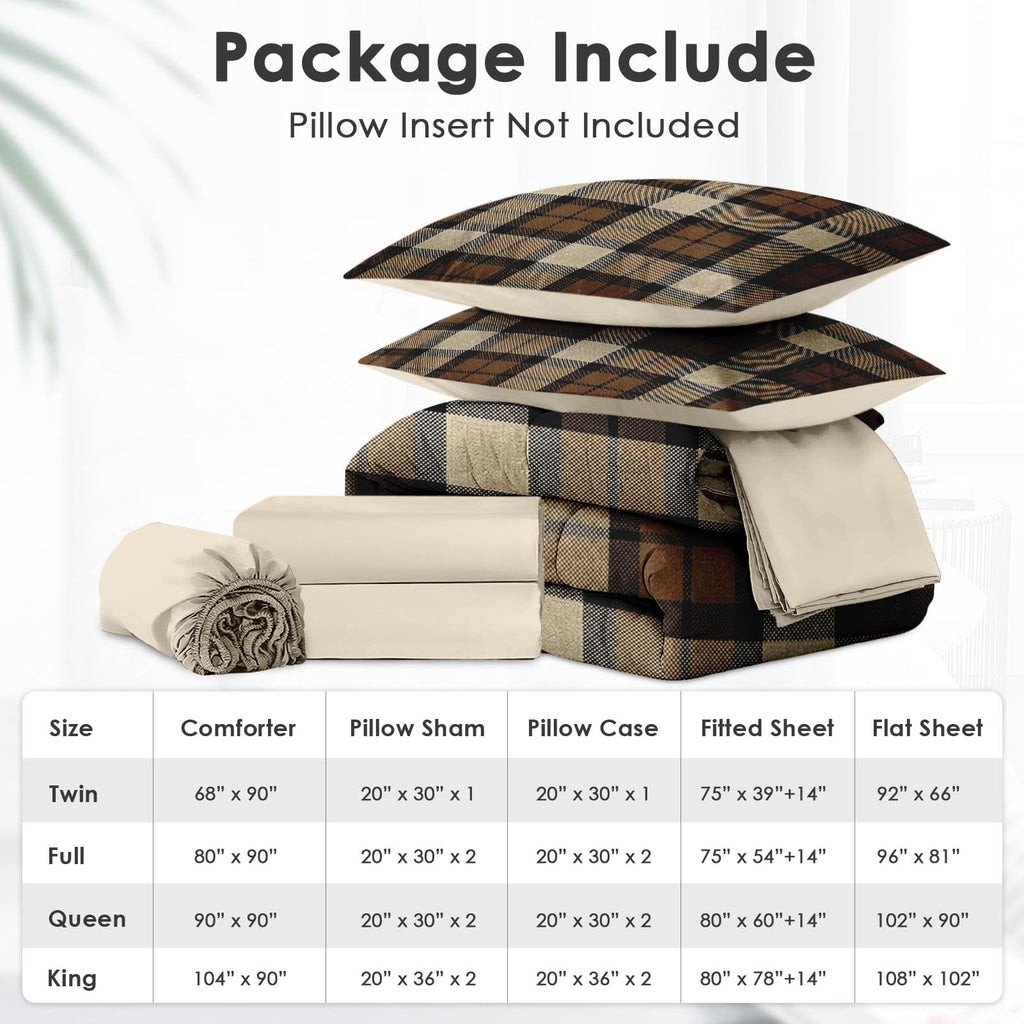 Comforter Set with Sheets, 7 Pieces Plaid Brown Bedding