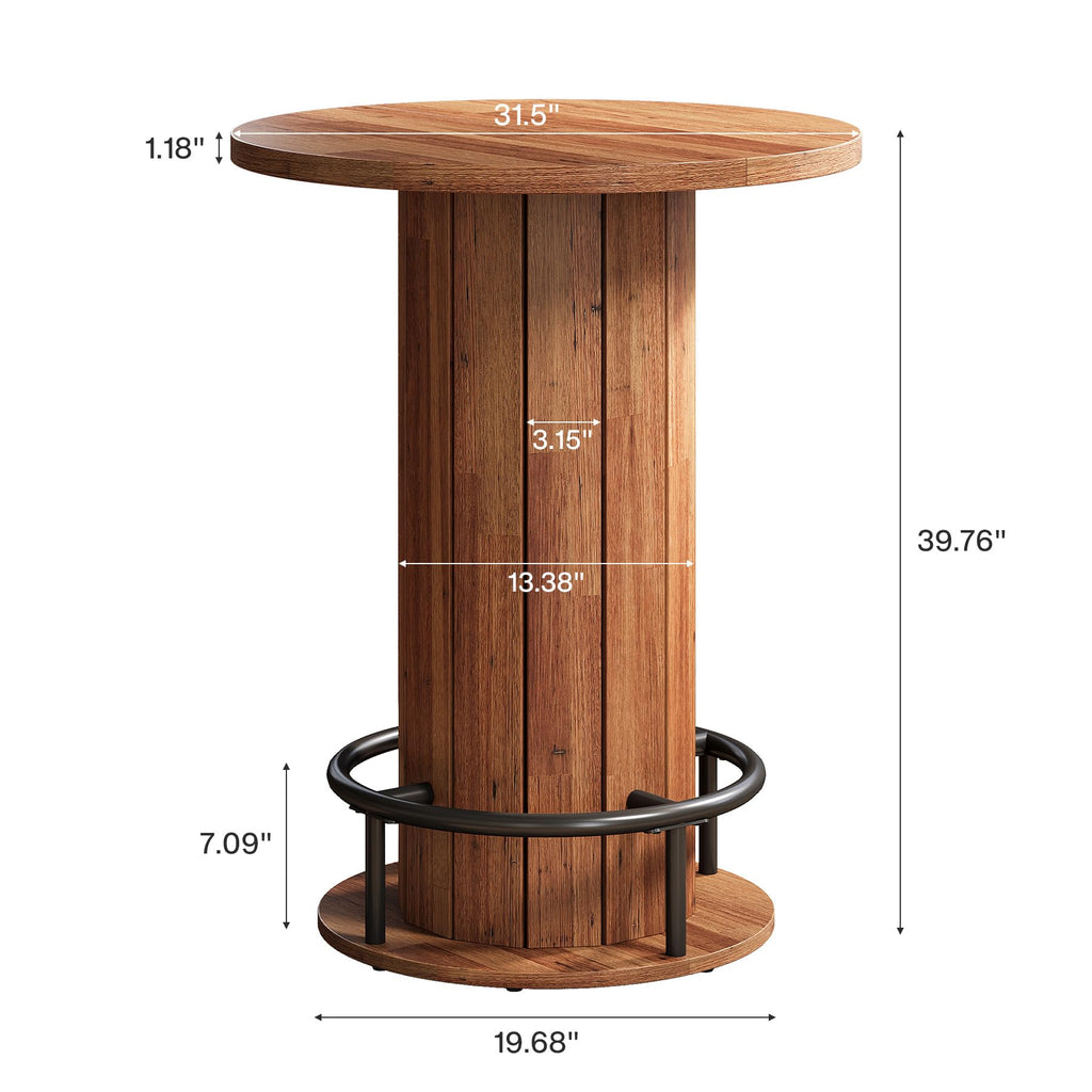 Round Bar Table, 39.4" H Wood Bistro Pub Table with Metal Ring Footrest for Dining Coffee Cocktail Living Room, Small