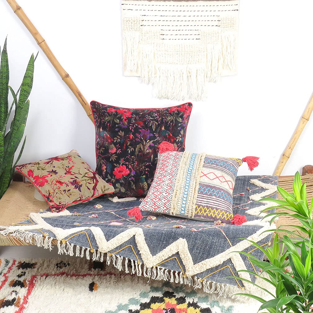 Velvet Floral Flower Bird Throw Pillow Sofa Cushion Cover Case Couch Colorful Boho Chic Bohemian Accent Indian