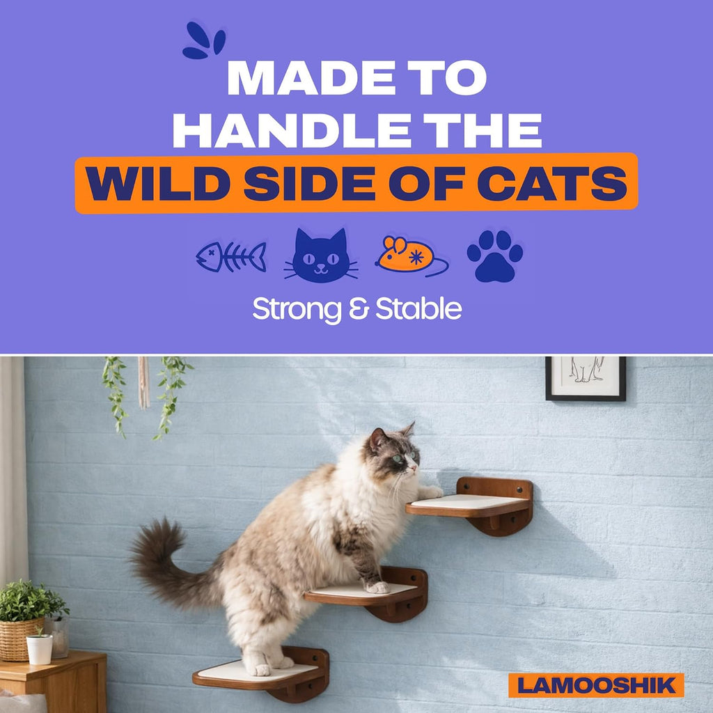 Cat Wall Shelves, Walnut Floating Cat Steps Set of 3