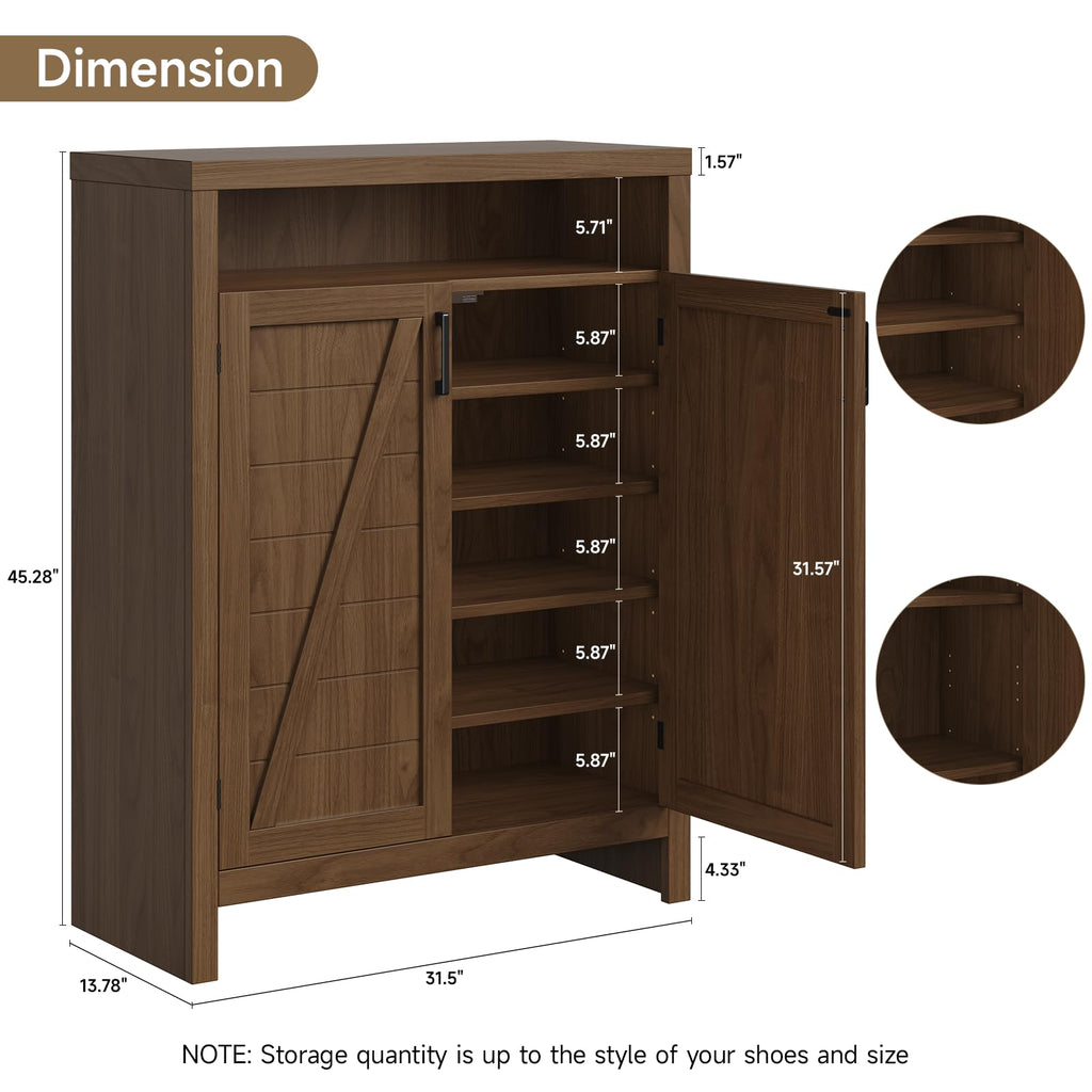 6-Tier Shoe Cabinet with Door, Farmhouse Shoe Storage Cabinet, Walnut