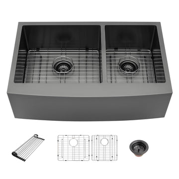 33 Inch Gunmetal Black Double Bowl Farmhouse Kitchen Sink