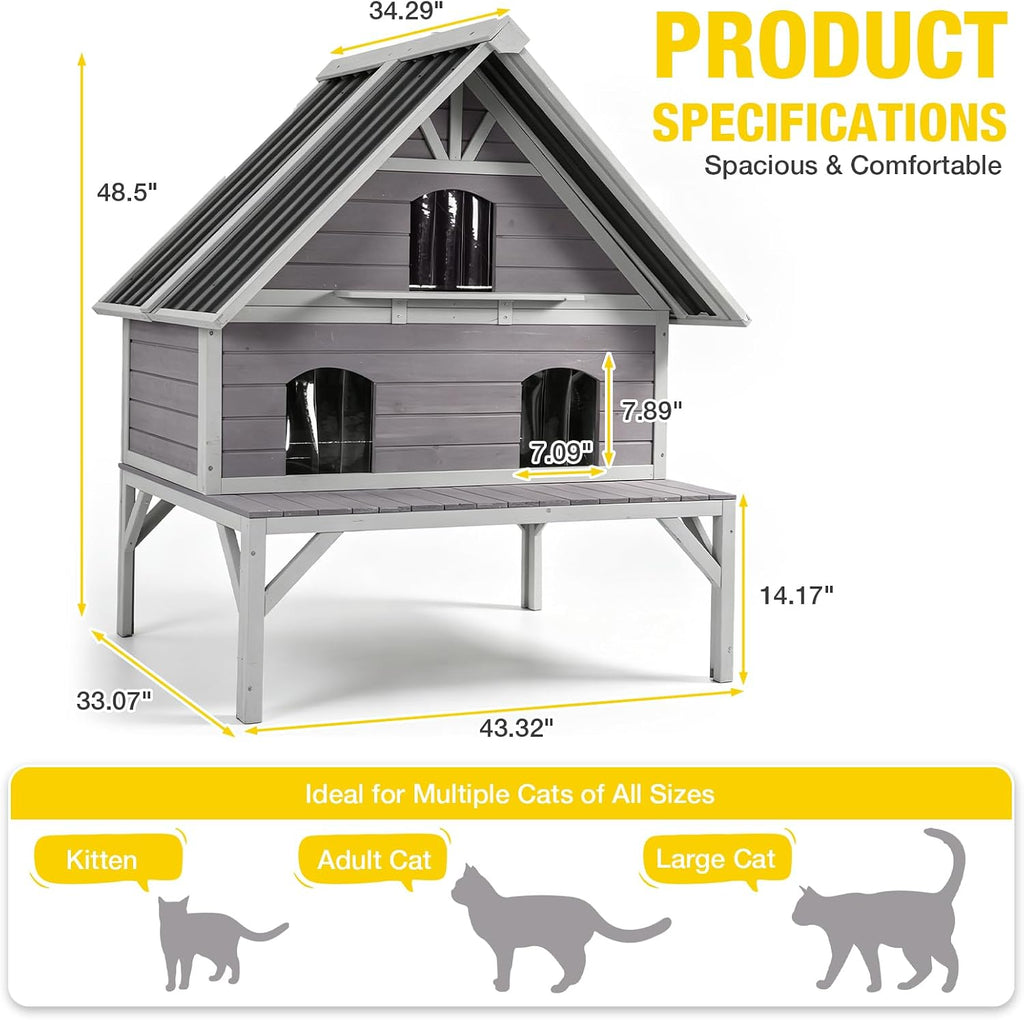 Extra Large 2-Tier Wooden Outdoor Cat House Weatherproof with Sun Balcony & 3 Escape Doors, Solid Wood Feral Cat
