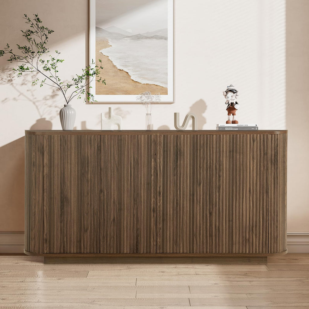 64" Fluted Buffet Cabinet with Storage, Walnut Sideboard Cabinet